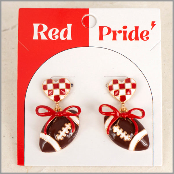 Red and White Color Coated Heart with Bow & Football Gameday Stud 1.5" Earring