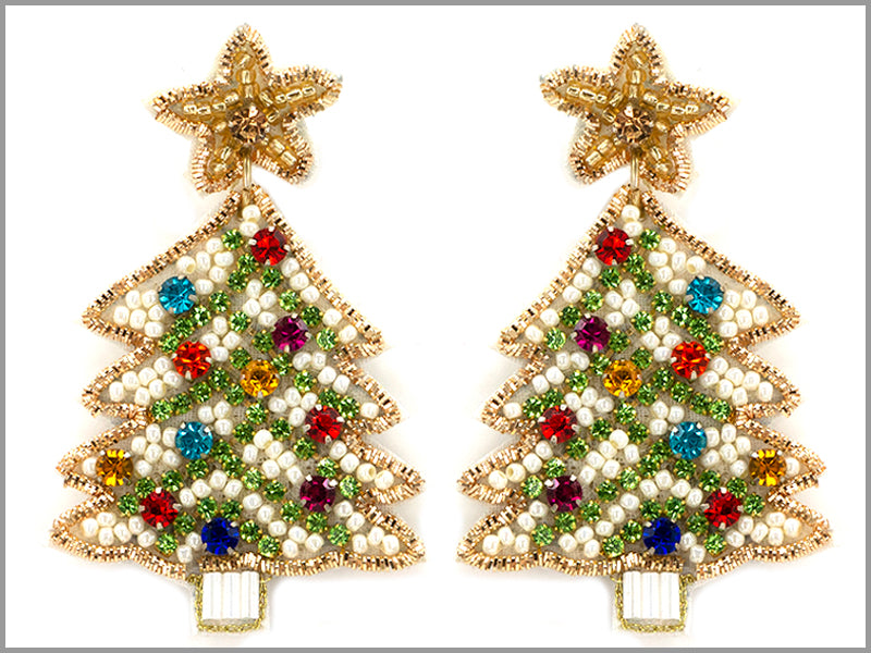 White with Color Rhinestone Accents Seed Bead Christmas Tree 2.5" Earring