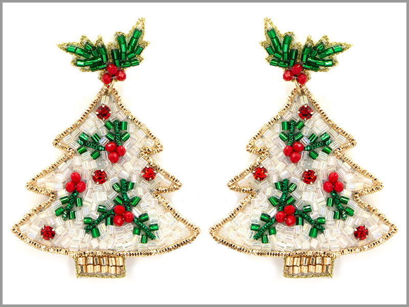 White with Green and Red Seed Bead Christmas Tree 2.5" Earring