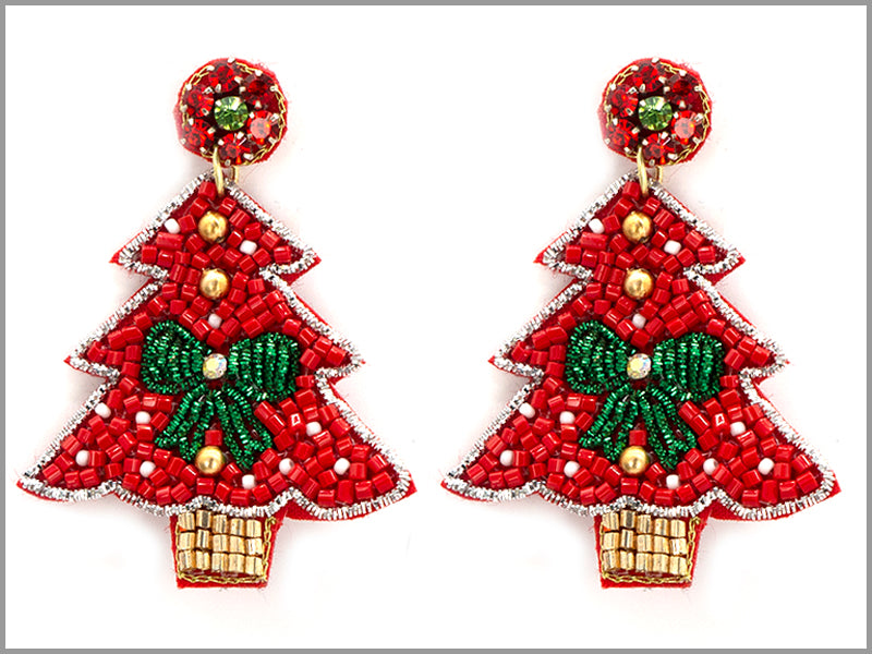 Red with Green Bow Seed Bead Christmas Tree 2.5" Earring
