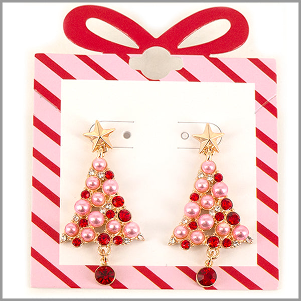 Gold Star with Pink and Red Accents Christmas Tree Stud 1.5" Earring