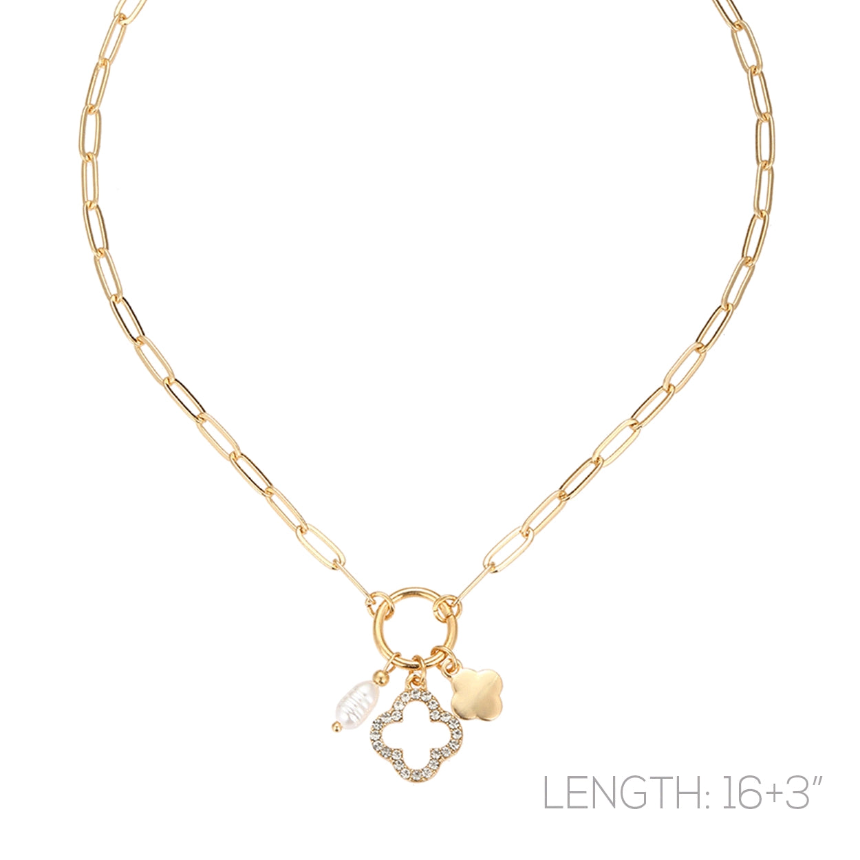 Gold Chain with Open Clover and Pearl Charm 16"-18" Necklace