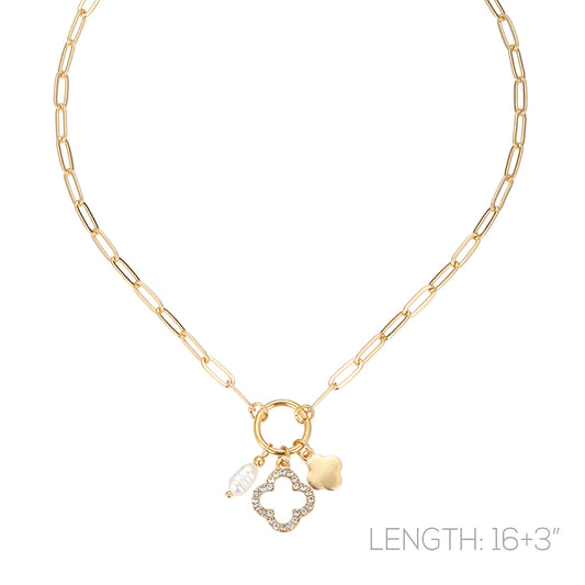 Gold Chain with Open Clover and Pearl Charm 16"-18" Necklace