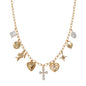 Gold Chain with Pearl Cross, Hearts, and Starburst Charm 16"-18" Necklace