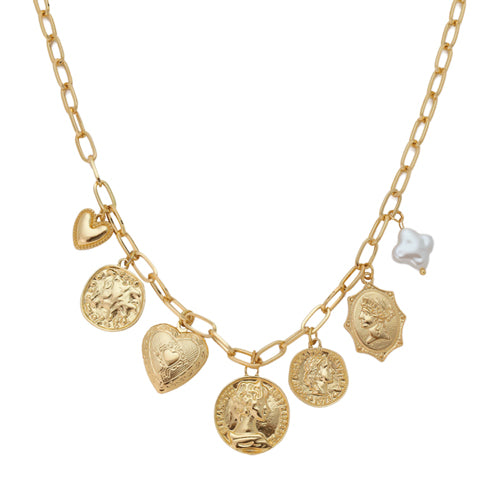 Gold Chain with Coins and Hearts Charm 16"-18" Necklace