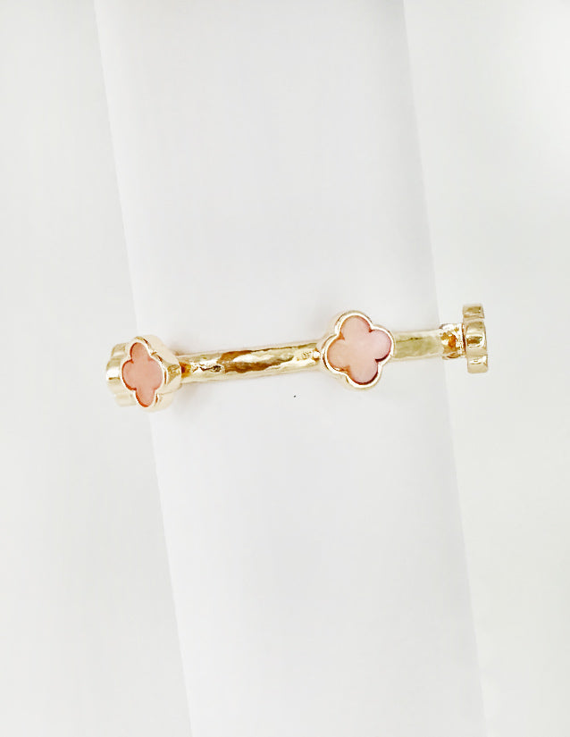 Gold Bracelet with Pink Natural Stone Clover Stretch Bracelet, Great for Stacking!