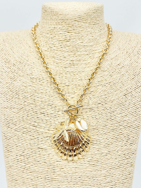 Gold Chain with Large Textured Shell Charm 16"-18" Necklace