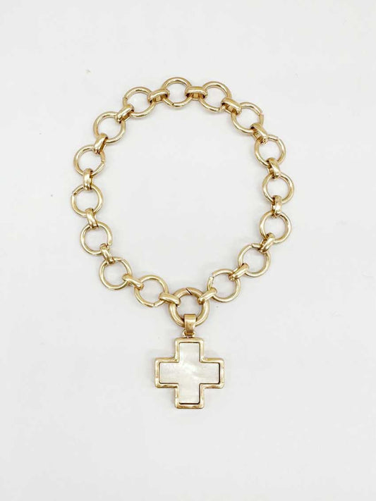 Worn Gold Open Circle with White and Gold Cross Charm Bracelet