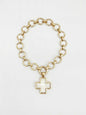 Worn Gold Open Circle with White and Gold Cross Charm Bracelet