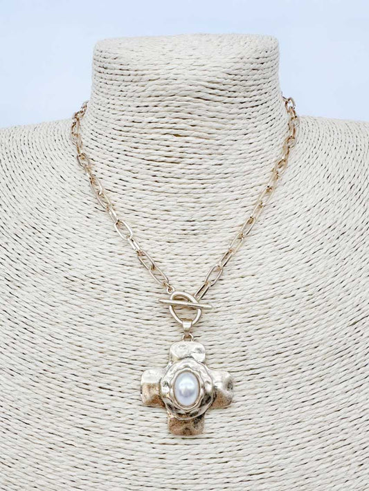 Gold Toggle Chain with Pearl and Cross Charm 16"-18" Necklace