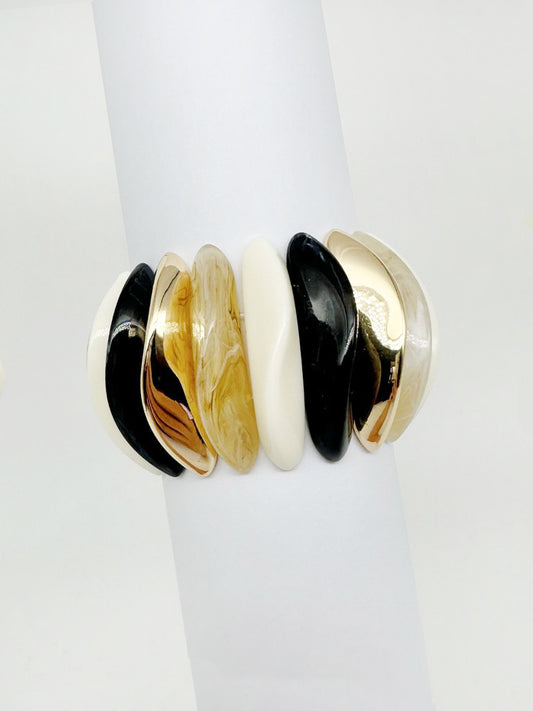 White, Black, and Gold Acrylic 1.25" Wide Stretch Bracelet