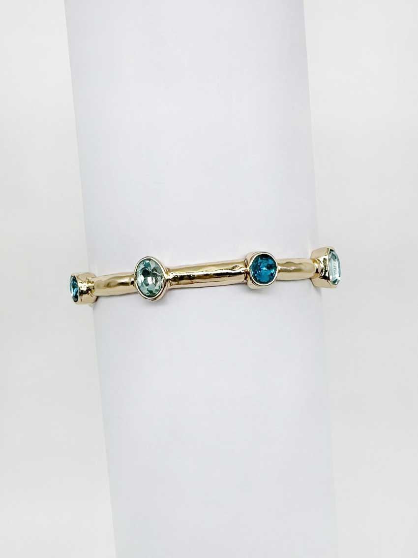 Gold Hammered Stretch Bracelet with Blue Crystal Accents