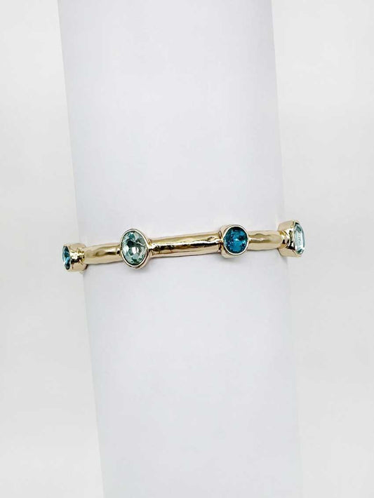 Gold Hammered Stretch Bracelet with Blue Crystal Accents