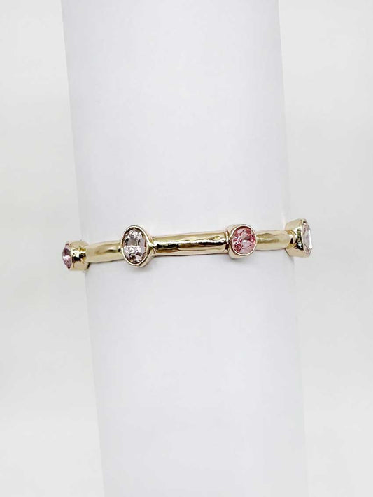 Gold Hammered Stretch Bracelet with Pink Crystal Accents