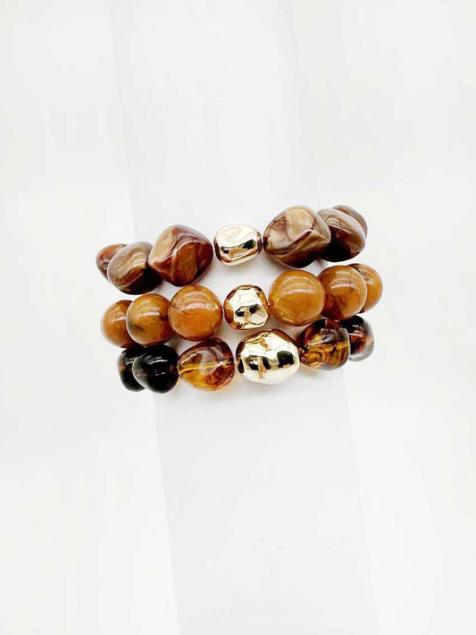 Brown Natural Stone and Gold Set of 3 Stretch Bracelets