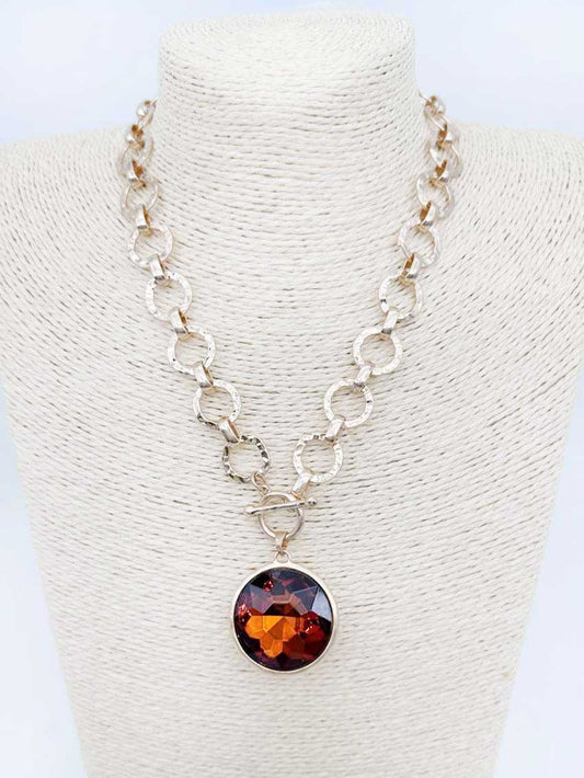 Gold Hammered Chain with Brown Crystal Circle Drop 16"-18" Necklace