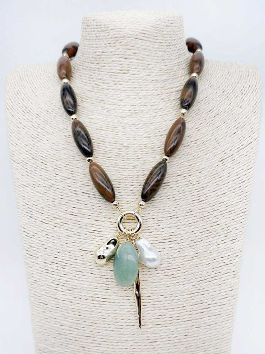 Brown Natural Stone with Pearl and Green Stone Charms 16"-18" Necklace