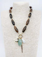 Brown Natural Stone with Pearl and Green Stone Charms 16"-18" Necklace