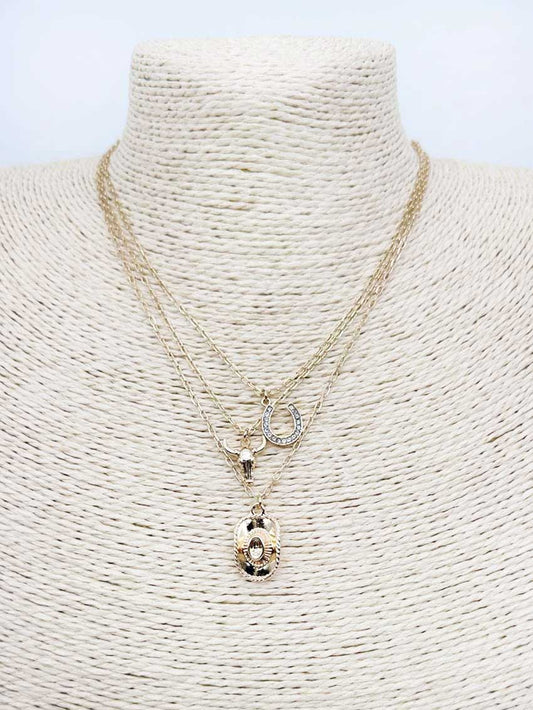 Triple Layered Cowboy Hat, Horseshoe, and Longhorn 16"-18" Necklace