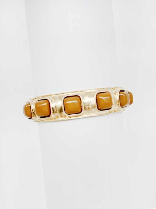 Brown Square Stone on Hammered Gold Stretch Bracelet