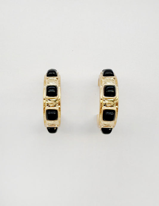 Worn Gold 1.25" Earring with Black Square Stone Accents