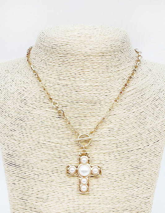 Gold Open Chain with Toggle and Pearl Studded Cross 18" Necklace