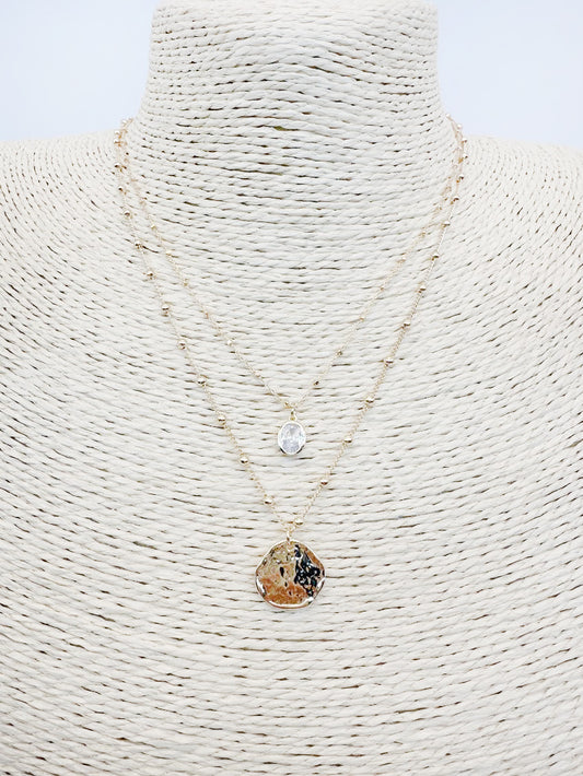 Two Layered Crystal and Hammered Coin 16"-18" Necklace