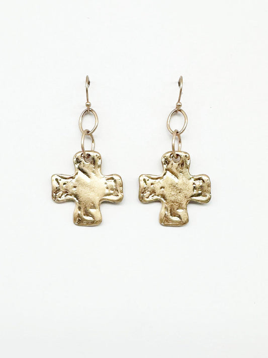 Worn Gold Hammered 1.5" Cross Earrings