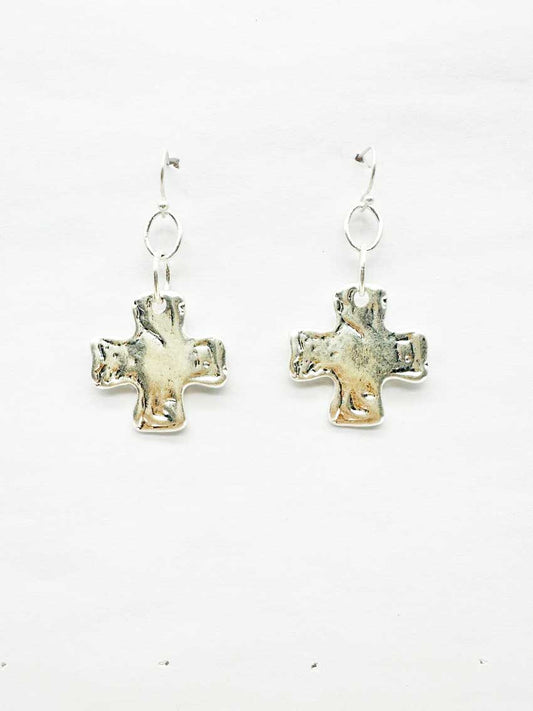 Worn Silver Hammered 1.5" Cross Earrings