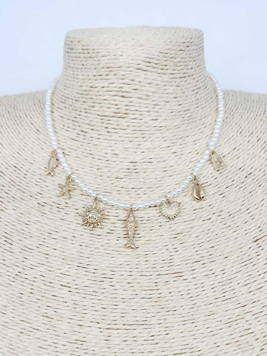 Pearl Beaded Necklace with Sealife Charms 16"-18" Necklace