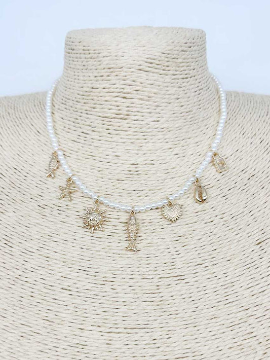Pearl Beaded Necklace with Sealife Charms 16"-18" Necklace