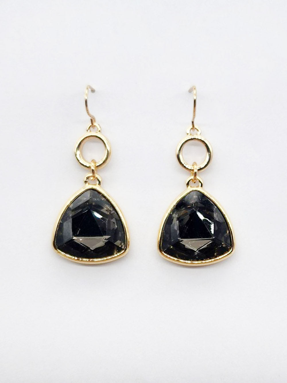 Gold Open Circle with Black Diamond Triangle Crystal Drop 1.5" Earring
