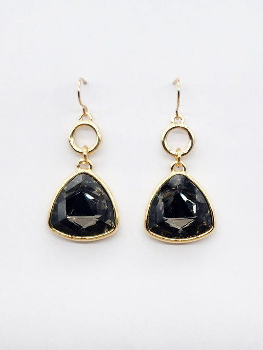Gold Open Circle with Black Diamond Triangle Crystal Drop 1.5" Earring