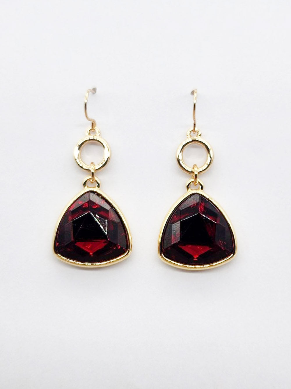 Gold Open Circle with Red Crystal Triangle Crystal Drop 1.5" Earring