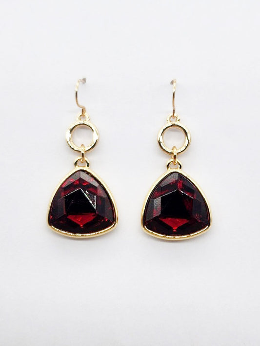 Gold Open Circle with Red Crystal Triangle Crystal Drop 1.5" Earring