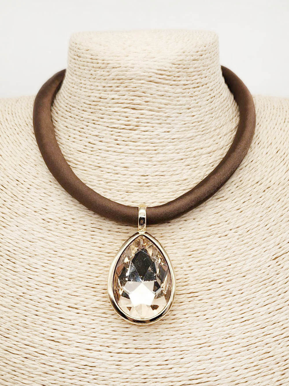 Brown Rubber Texture with 2" Topaz Teardrop 16"-18" Necklace