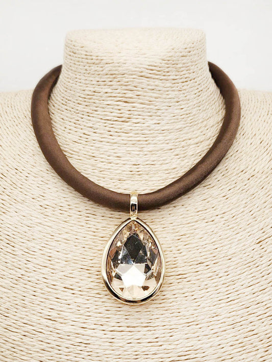 Brown Rubber Texture with 2" Topaz Teardrop 16"-18" Necklace