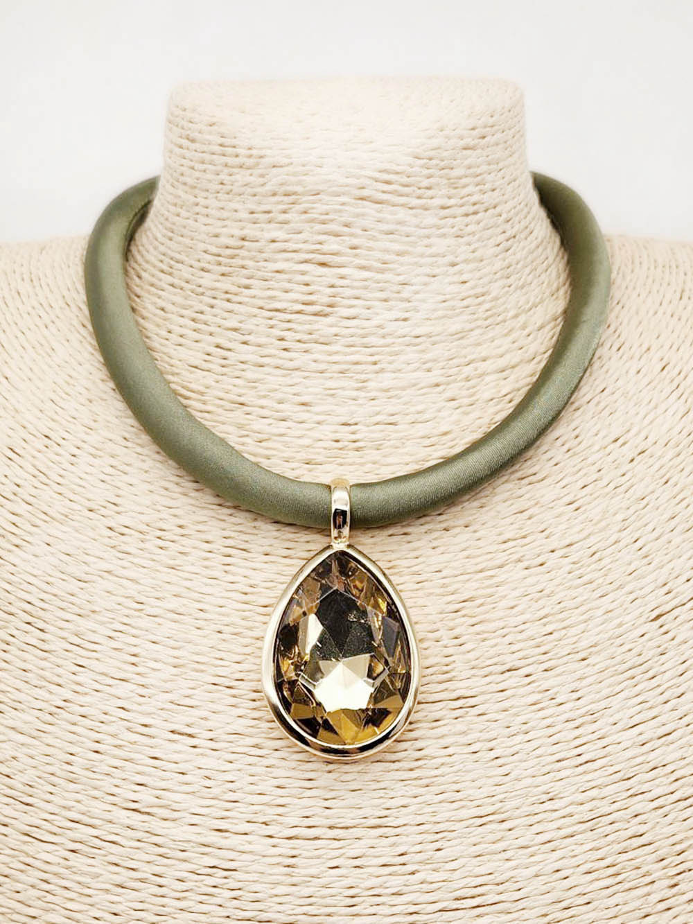 Olive Rubber Texture with 2" Topaz Teardrop 16"-18" Necklace