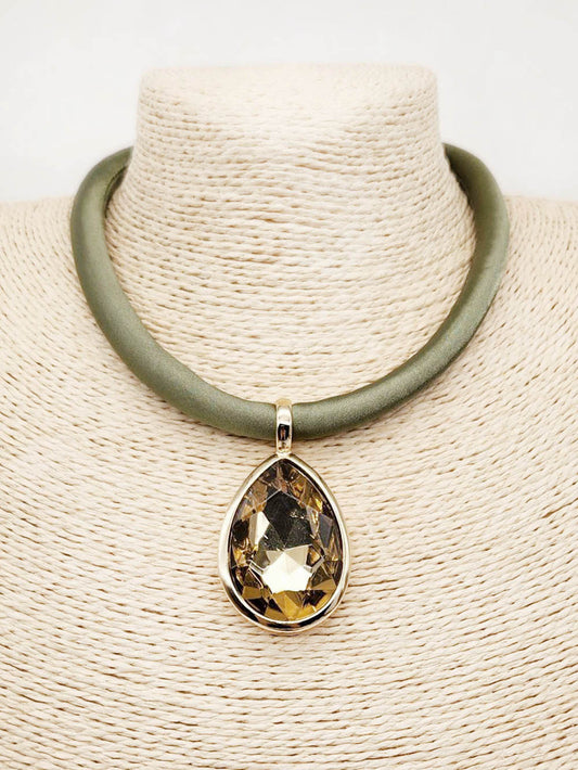Olive Rubber Texture with 2" Topaz Teardrop 16"-18" Necklace
