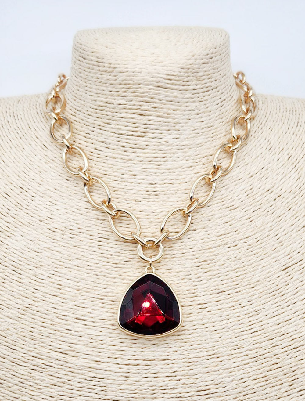 Gold Open Chain with Red Crystal Triangle Crystal 16"-18" Necklace