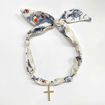 Scarf Necklace Beige/Navy with 1.25" Bubble Cross, VERY POPULAR!!