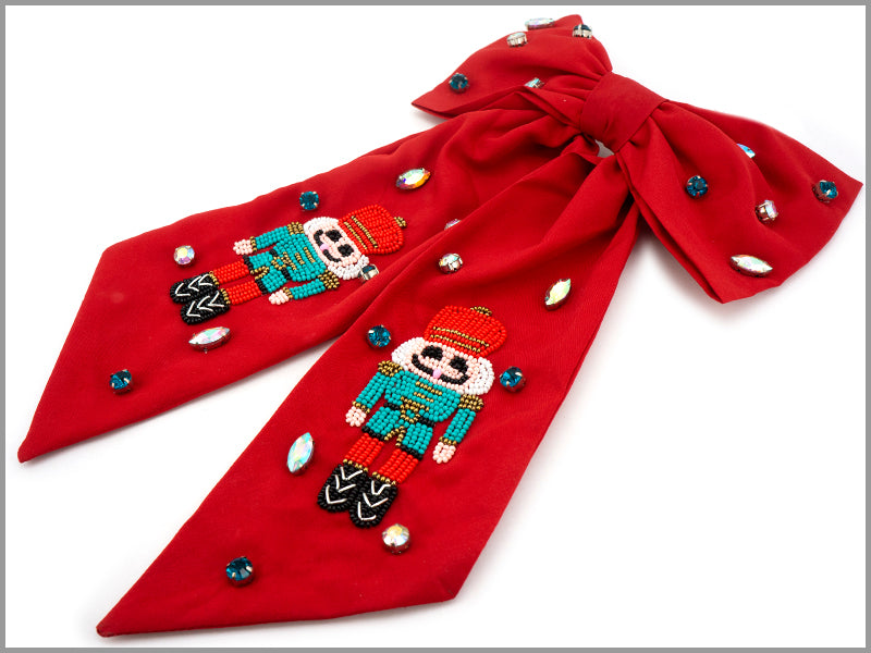 Red Hair Bow with Seed Bead Nutcracker