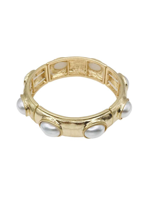 Pearl Oval Stone on Hammered Gold Stretch Bracelet
