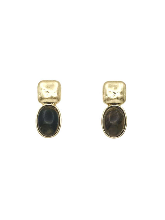 Gold Square with Brown Oval Natural Stone 1" Earring