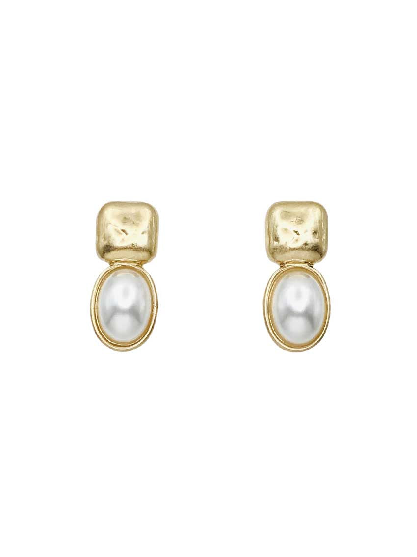 Gold Square with Pearl Oval 1" Earring