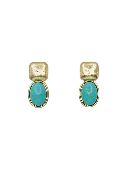 Gold Square with Turquoise Oval 1" Earring