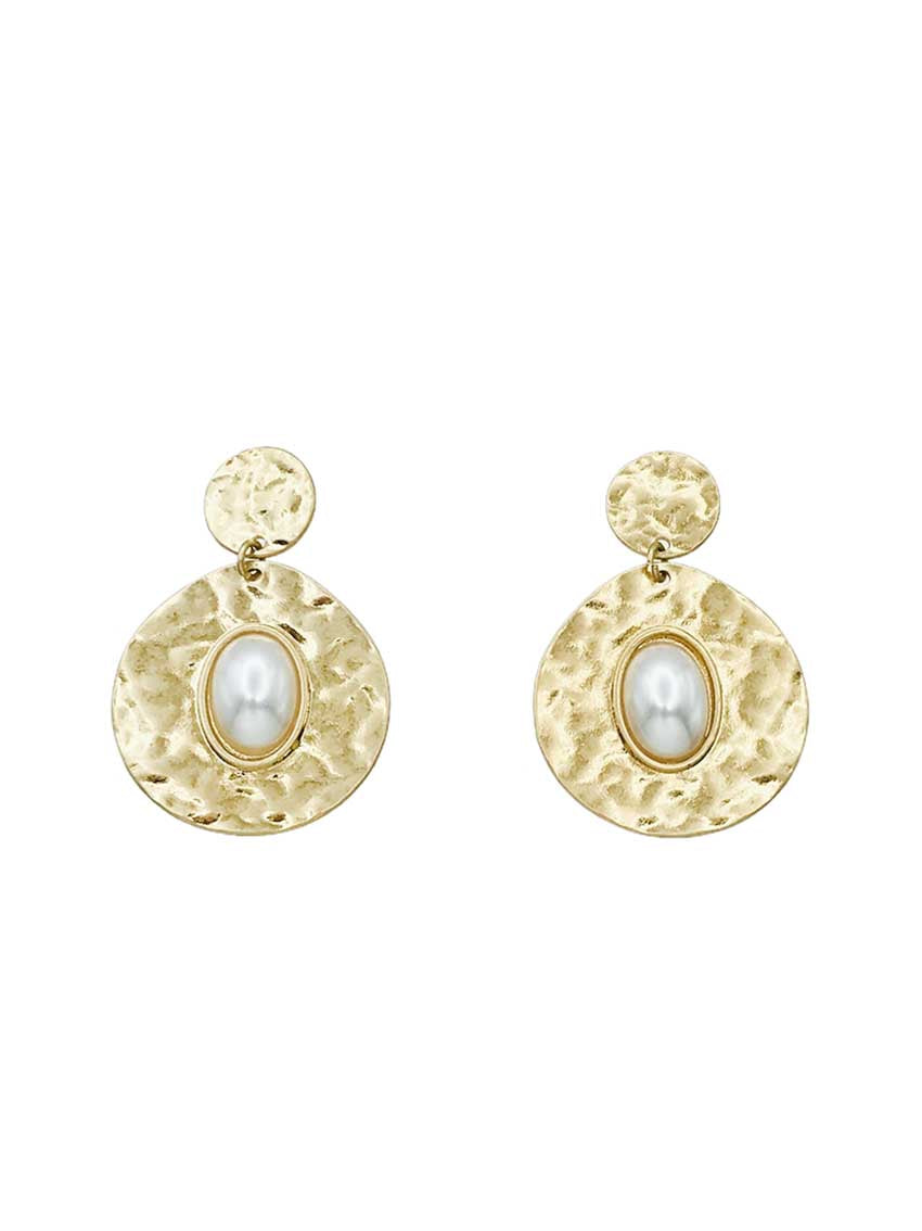 Gold Hammered Circle with Pearl Circle 1.75" Earring