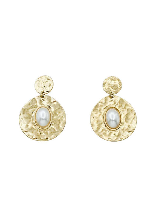 Gold Hammered Circle with Pearl Circle 1.75" Earring