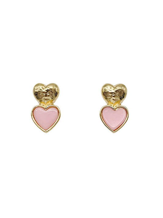 Gold Hammered and Pink Heart 1" Earring