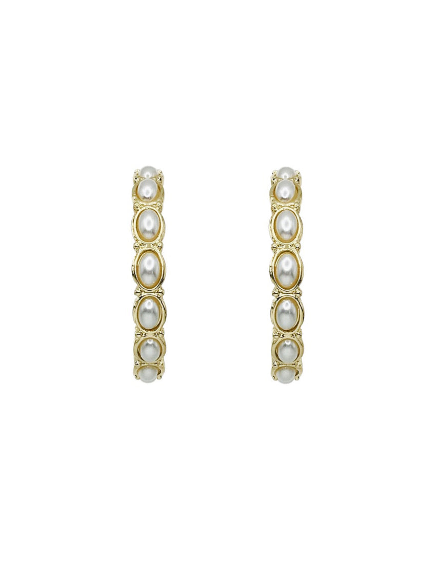 Gold Hammered and Pearl Circle 2" Hoop Earring